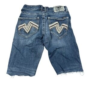 Y2K Salvage Havoc Denim Shorts Mens 31 Blue Embroidered Slim Fit Raw Hem Buckle